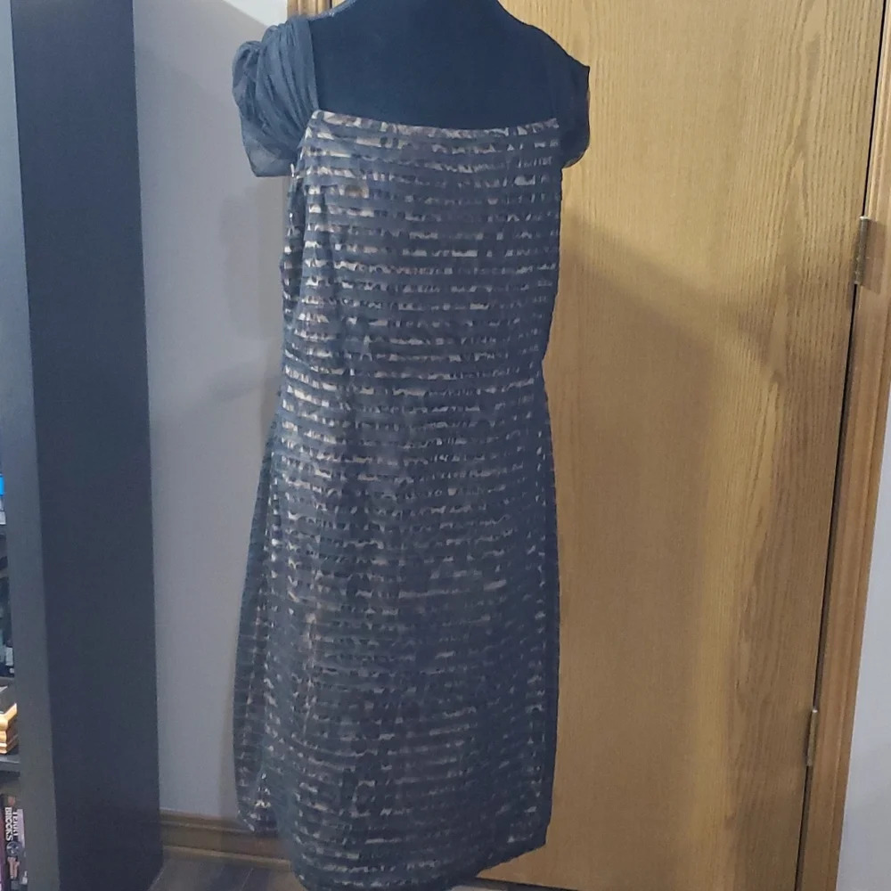 Patra striped black tan animal print lined cap sleeve midi dress
